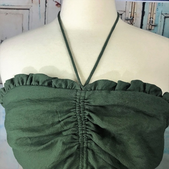 New Anthropologie Green Halter Crop Ruffle Top - Picture 4 of 8